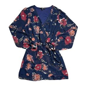 Lulu’s Navy Blue Long Sleeve Floral Print Mini Dress XL